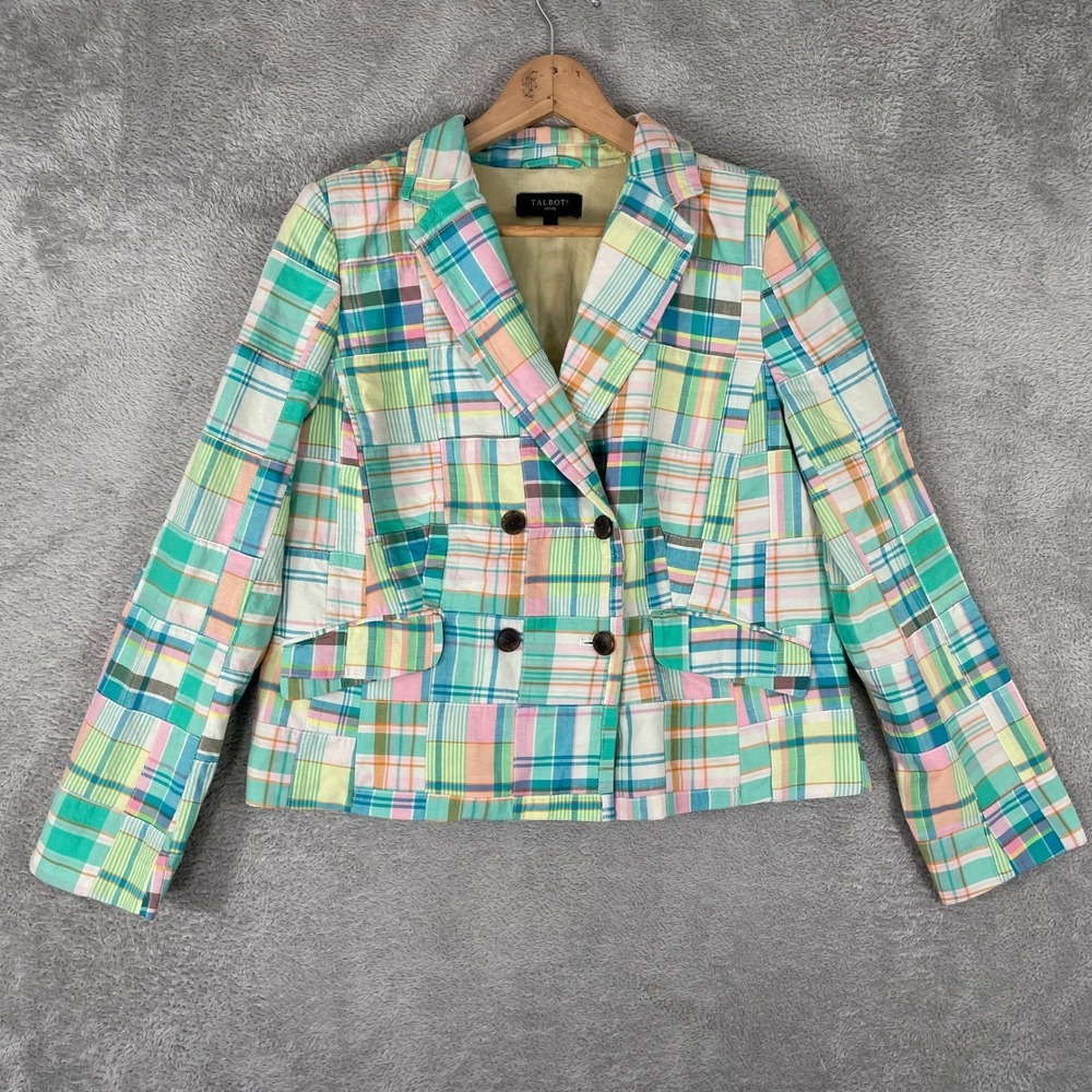 Talbots Patchwork Blazer Womens 10 Petite Medium Cotton Plaid Preppy Jacket
